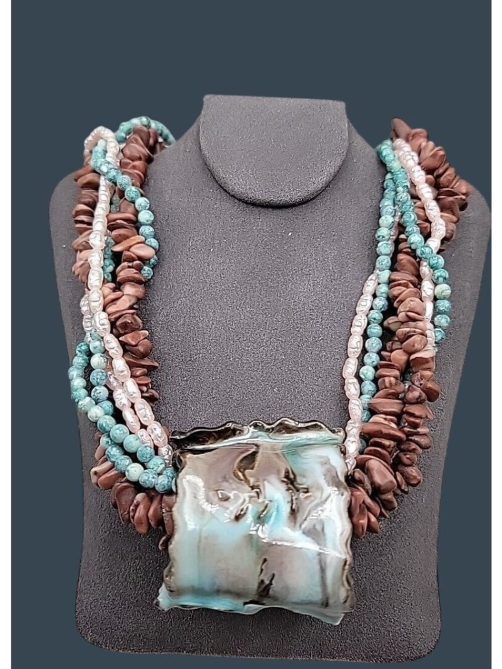 Turquoise Seed Pearl & Shell Necklace Large Art Glass Wrap Pendant 19" Vintage